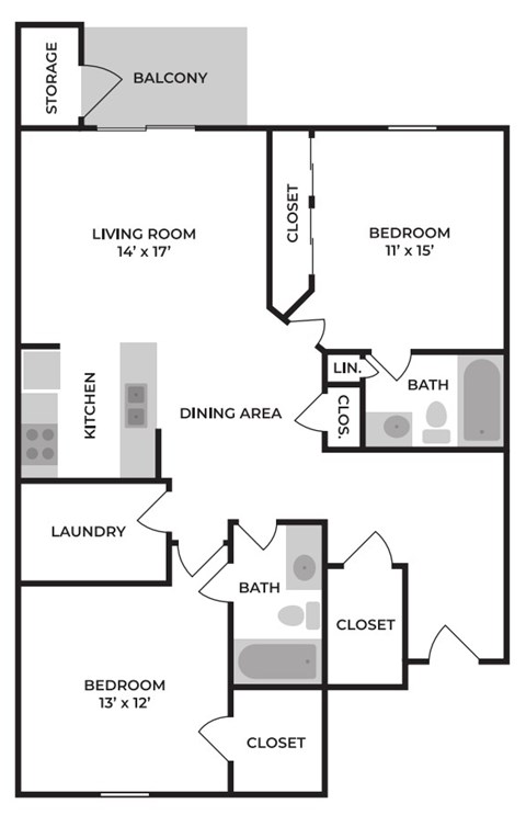 A floor plan of a home with a living room, dining area, kitchen, laundry, and three bedrooms.